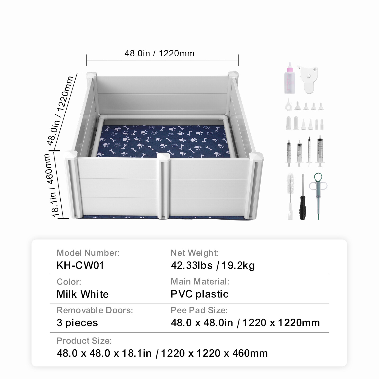 VEVOR Dog Whelping Box 48 x 48 x 18.1in PVC with Rails Pee Pad for Dogs Puppies