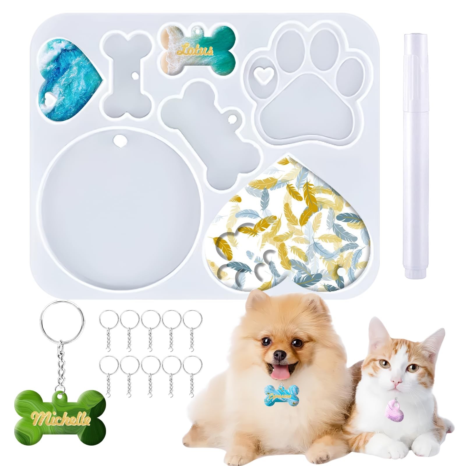 Pet Tag Resin Mold, Collar Tags Dog Bone Paw Round Shaped Keychain White