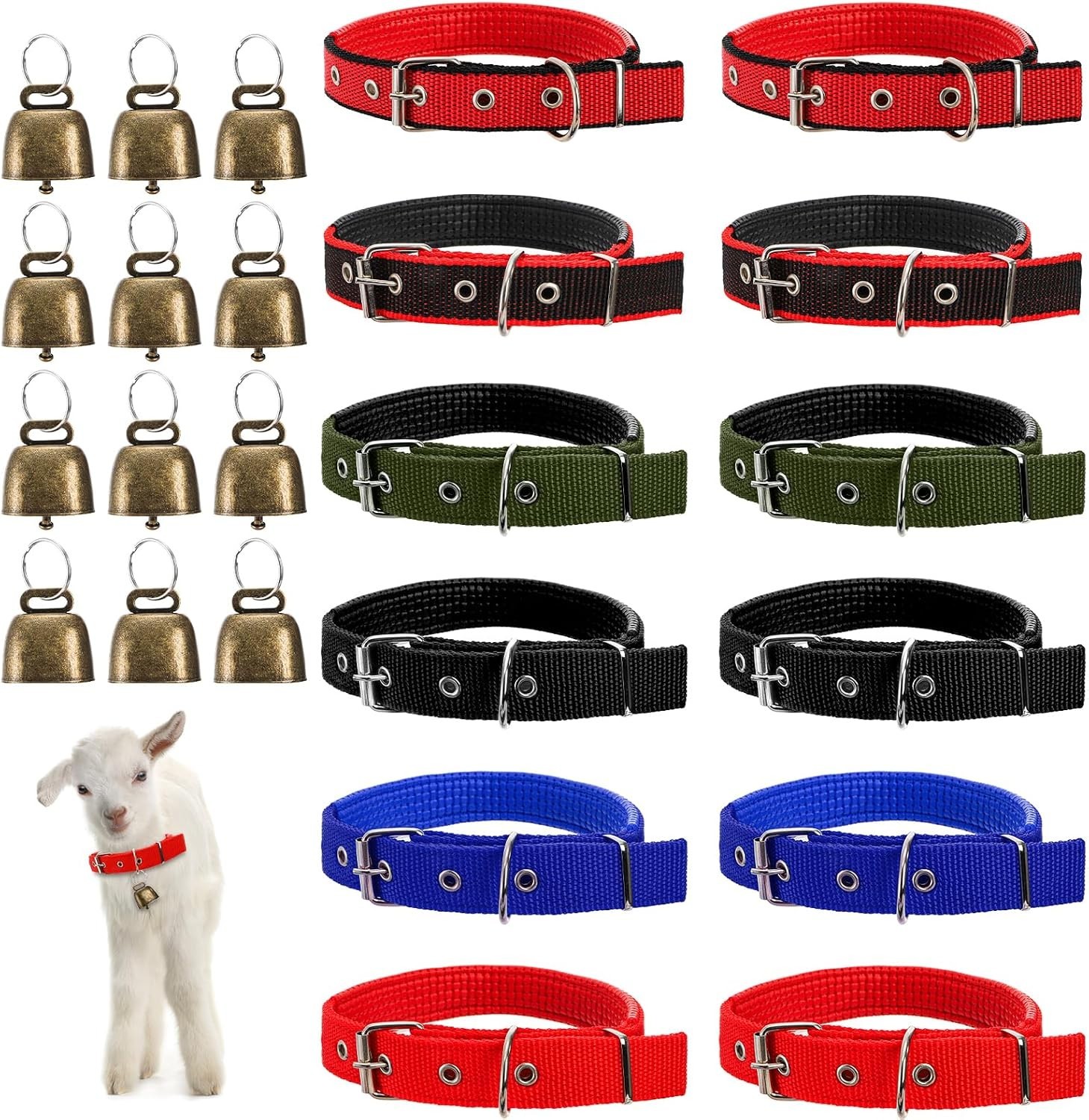12 Pack Goat Collars with Bells, Adjustable Nylon Sheep Collar with Anti-Lost
