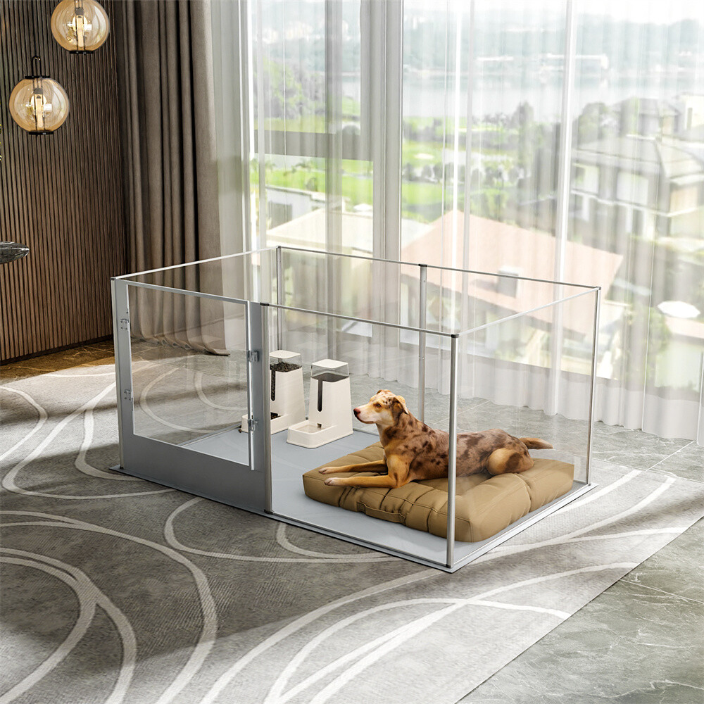 3 In 1 Pet Fence Tall Dog Whelping Playpen Box Clear Acrylic Kennel Crate w/ Pad