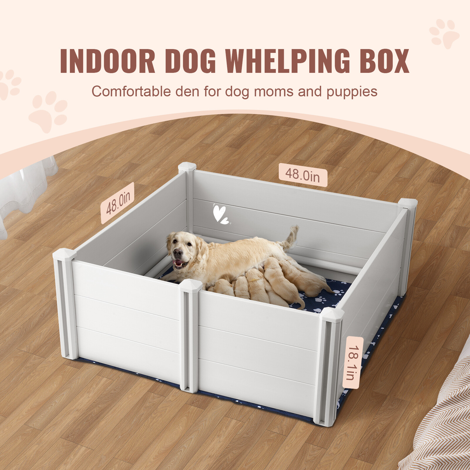 VEVOR Dog Whelping Box 48 x 48 x 18.1in PVC with Rails Pee Pad for Dogs Puppies