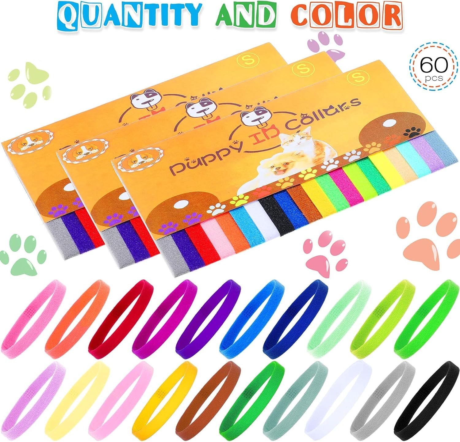 60 Puppy ID Bands in 20 Colors – Adjustable Whelping Collars