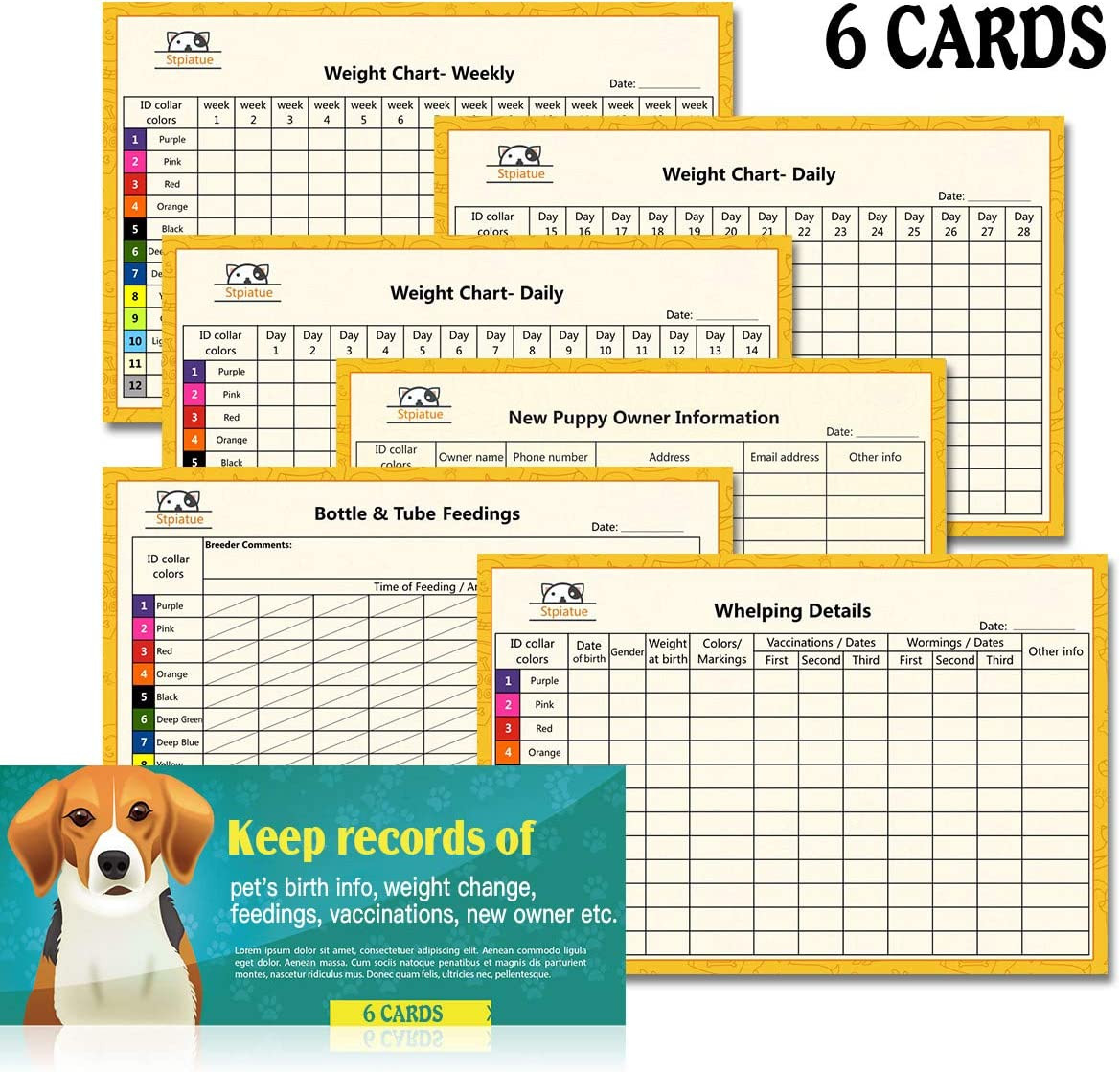 12 Pack Puppy ID Collars Breakaway Whelping Collars Tags Breeder Charts S
