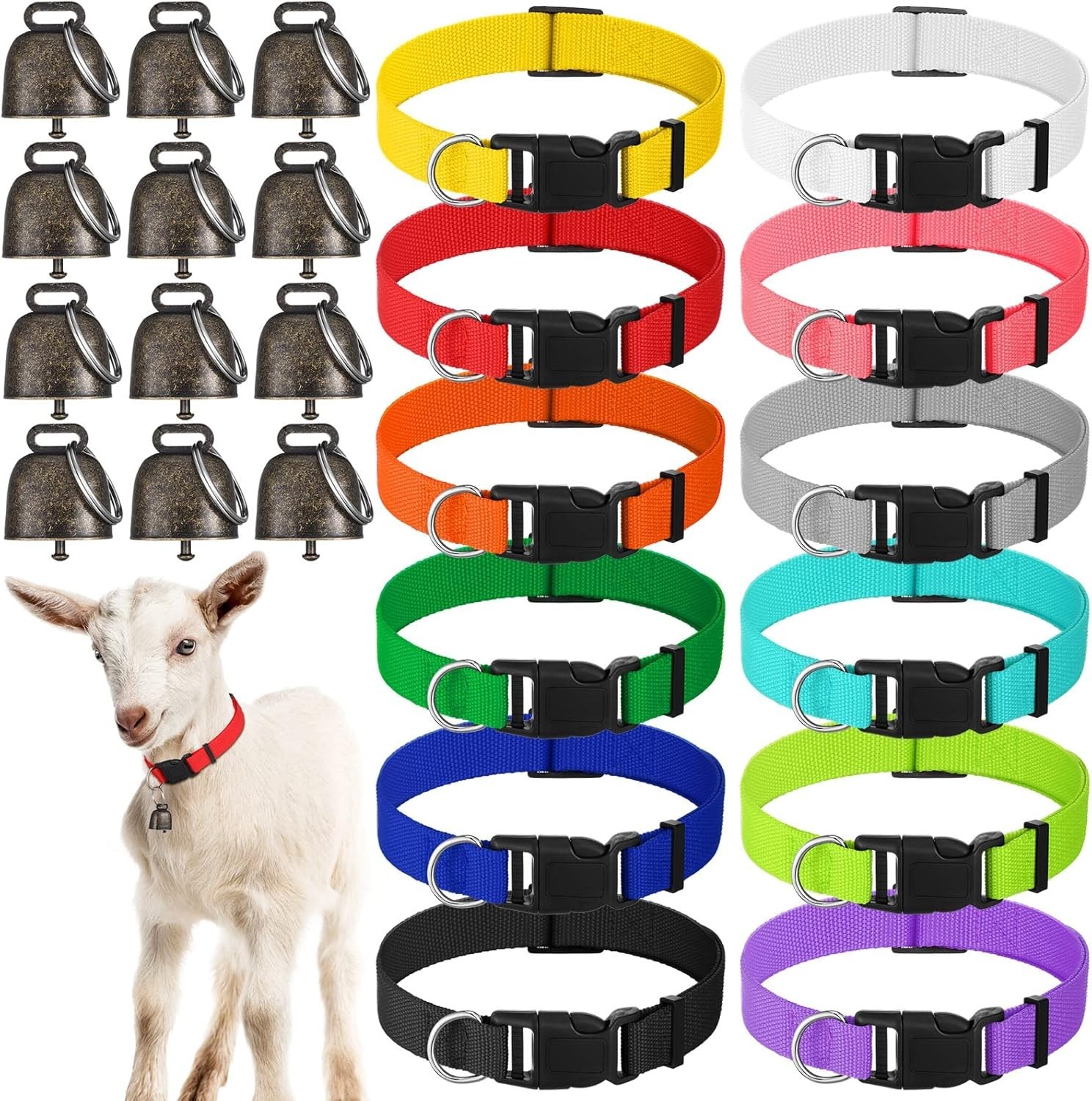 12 Pack Goat Collars with Bells, Adjustable Nylon Sheep Collar with Anti-Lost…