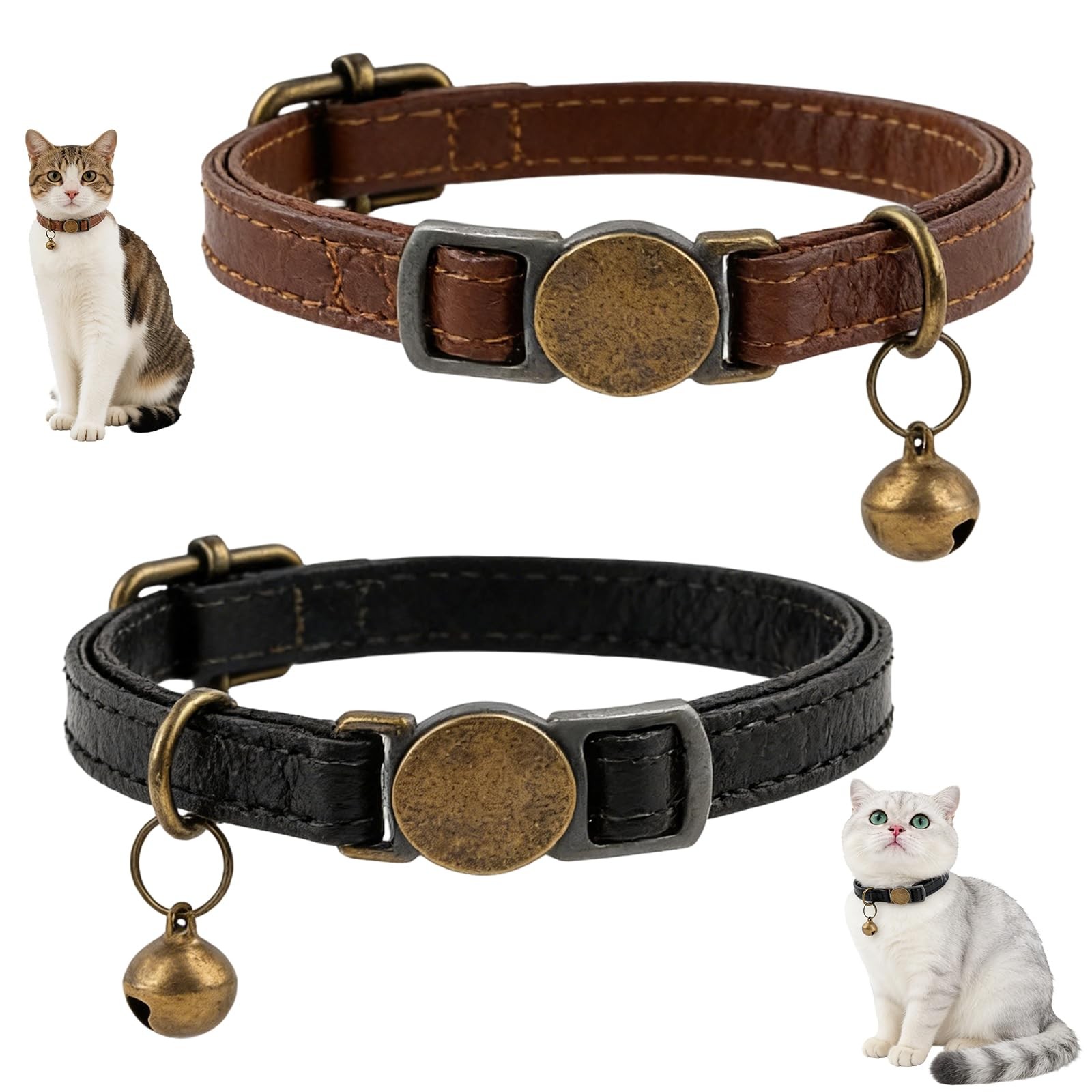 2 Pcs Retro Leather Cat Collar for Boy Cats, Adjustable Breakaway Cat Collar …