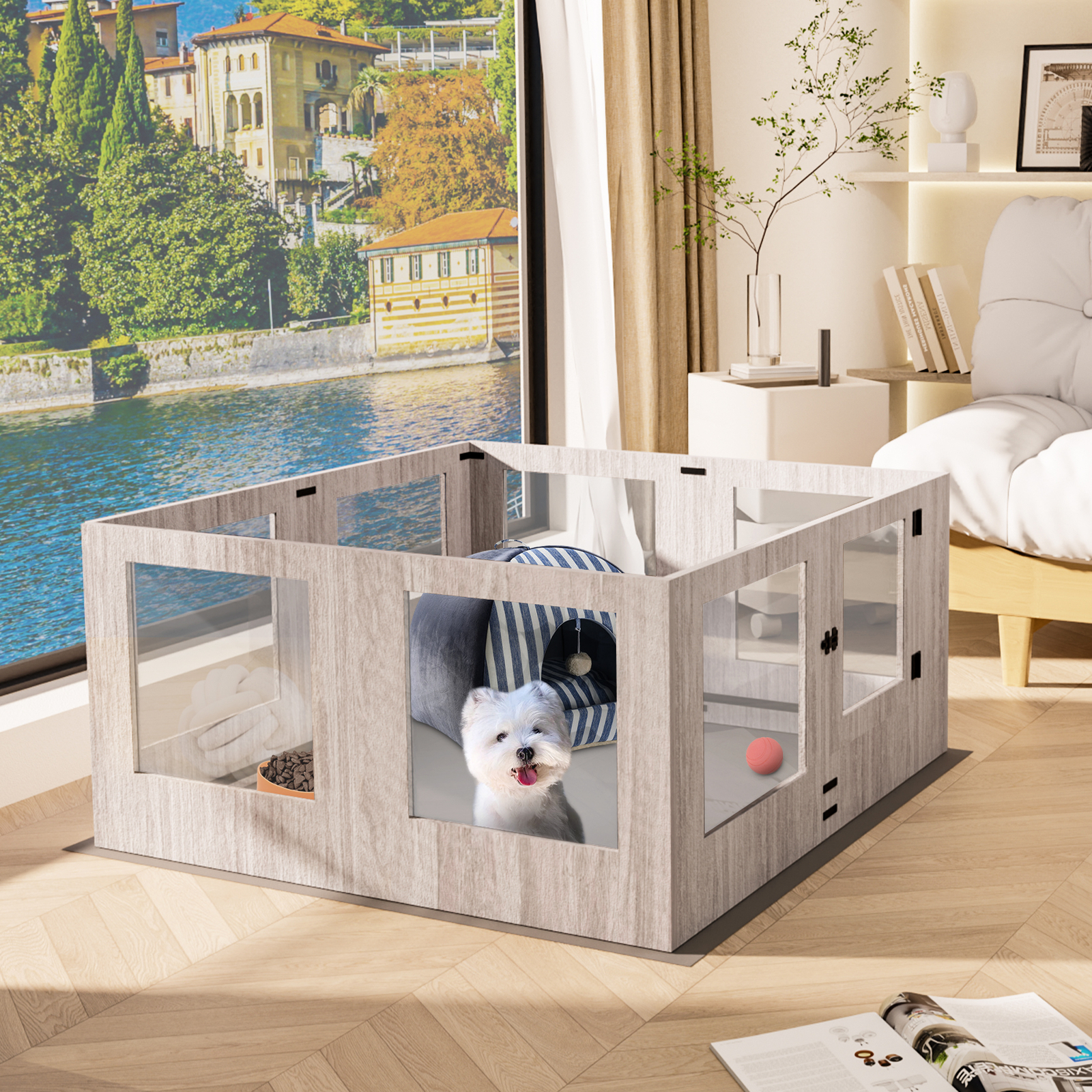 Pet Whelping Box Acrylic Glass Window Dog Exercise Fence for Small Medium Dogs
