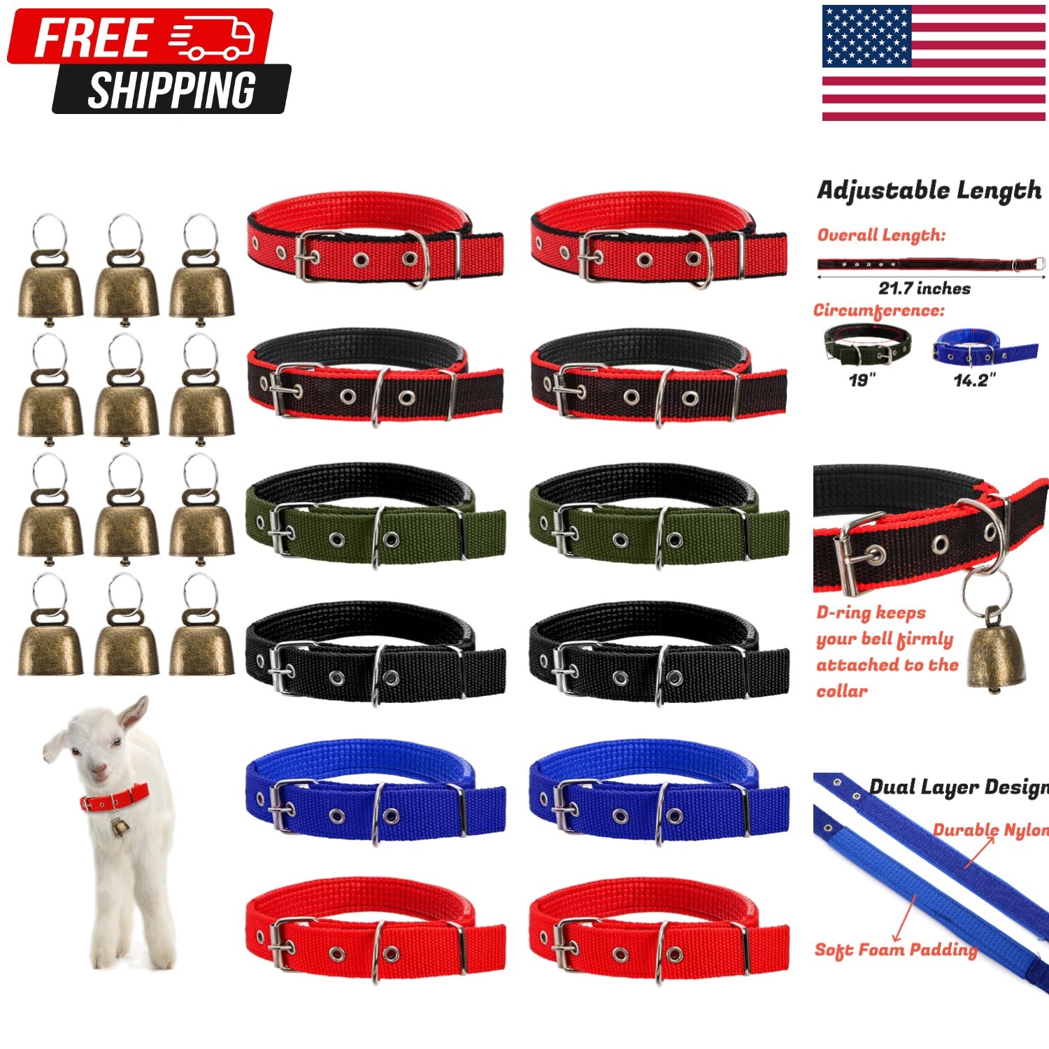 12 Pack Goat Collars with Bells, Adjustable Nylon Sheep Collar with Anti-Lost…