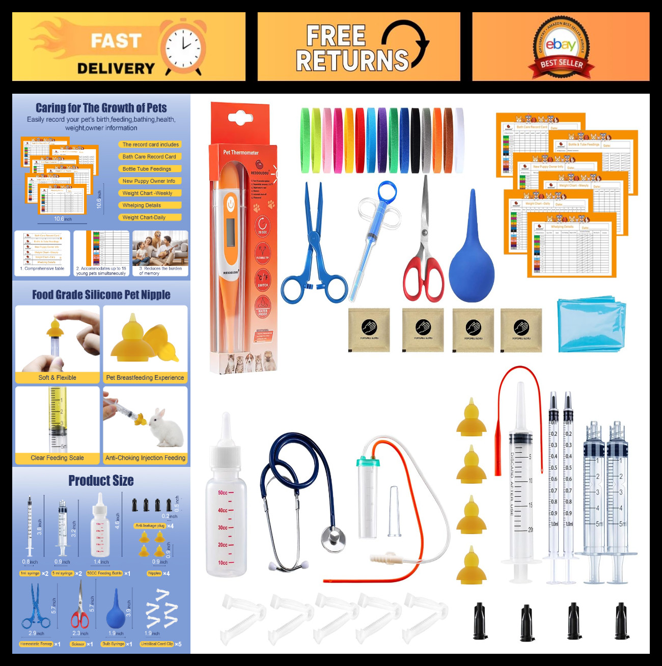 Complete Puppy Kitten Whelping Kit – Feeding Bottle, Stethoscope, Scissors & Mor