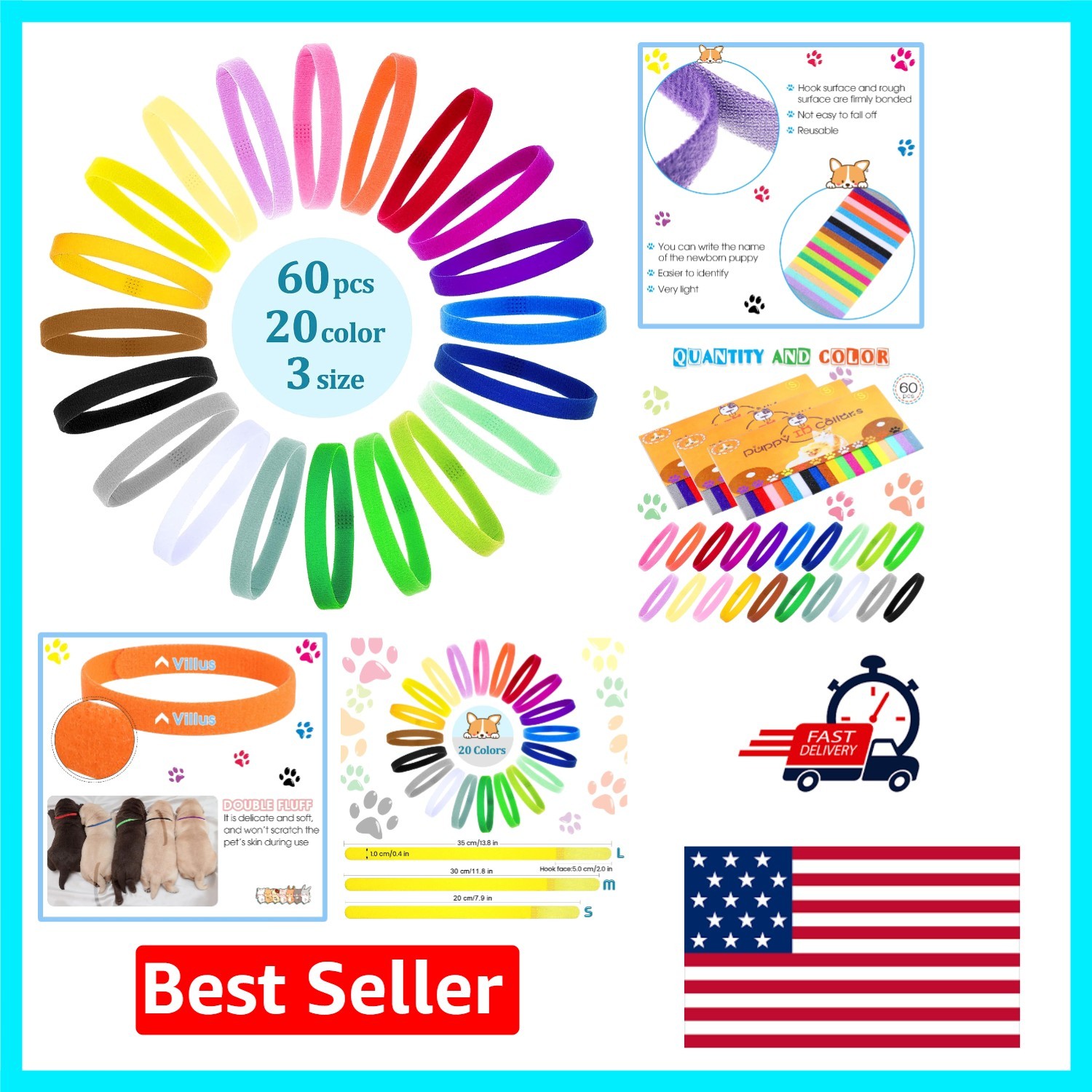 Soft Polyester Puppy Whelping Collars – 60 Multi-Size ID Bands for Dogs & Cats
