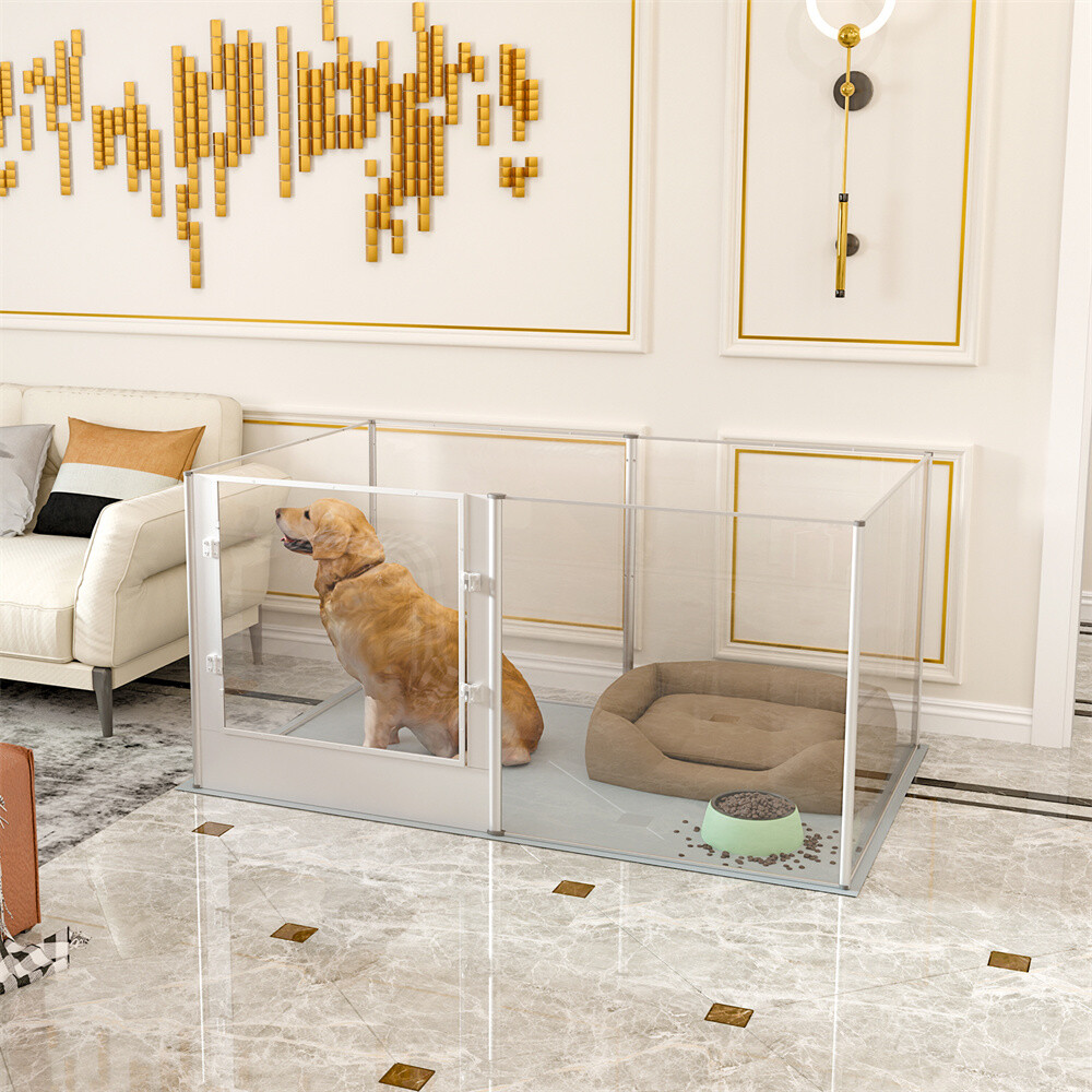 3 In 1 Pet Fence Tall Dog Whelping Playpen Box Clear Acrylic Kennel Crate w/ Pad