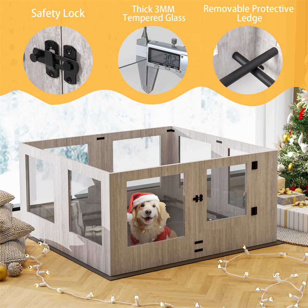 Innovative Tempered Glass Dog Whelping Pen Box Portable Birth Fence w Door &Lock