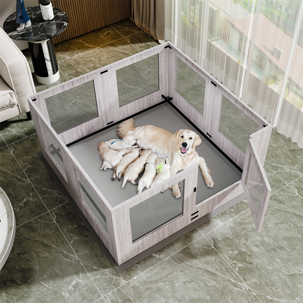 Innovative Tempered Glass Dog Whelping Pen Box Portable Birth Fence w Door &Lock