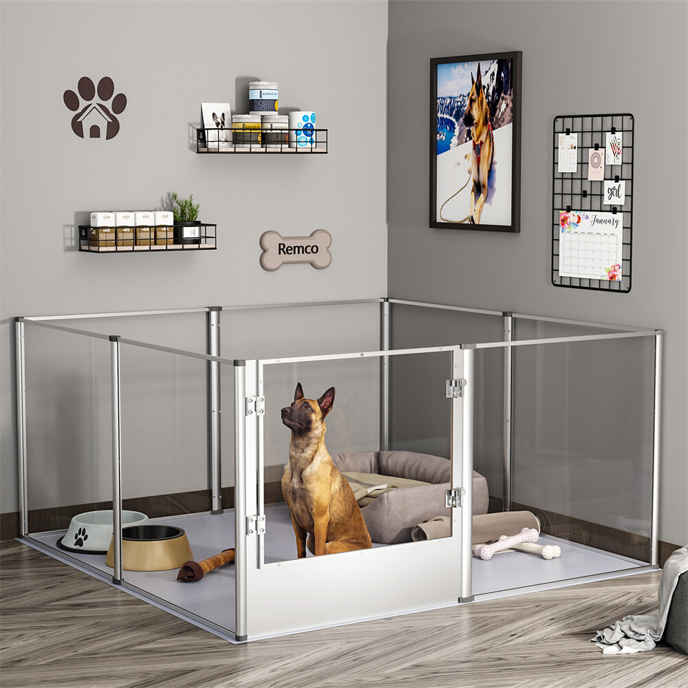 Shatterproof Foldable In/Outdoor Dog Playpen w/ Transparent Panels Aluminum Rods