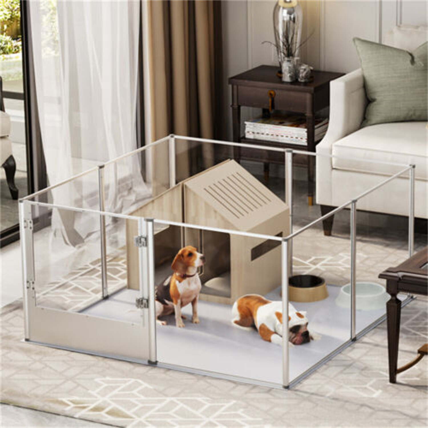 Various Size Acrylic/Glass Pet Playpen for Indoor w/ Waterproof Pad Puppy Crate