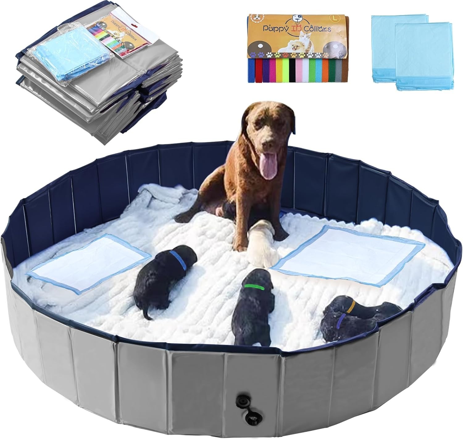 Grey 63″ Diameter Dog Whelping Box for Puppies – Heavy-Duty PVC Whelping Pen