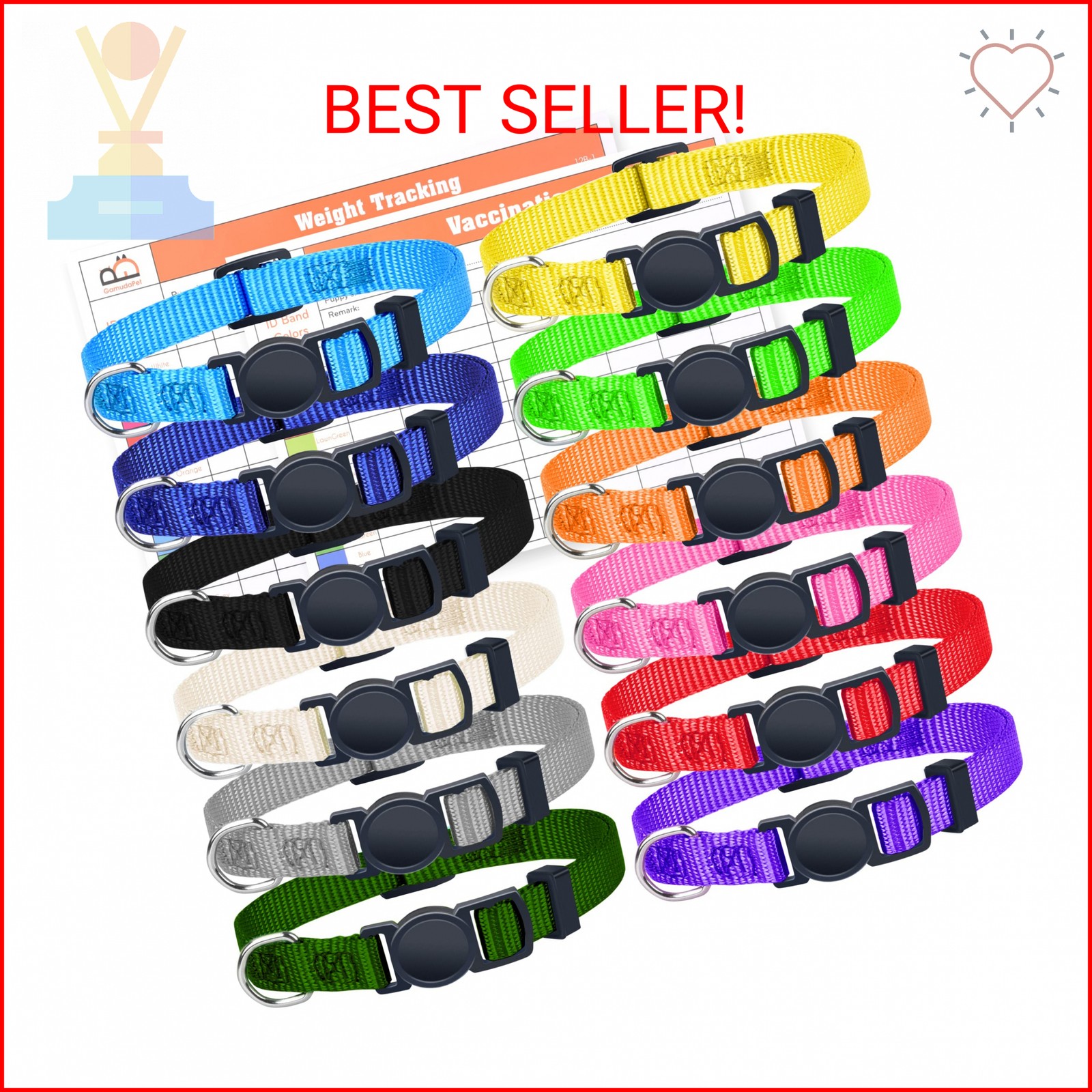 GAMUDA Puppy ID Collars – Super Soft Nylon Whelping Set – Adjustable Breakaway L