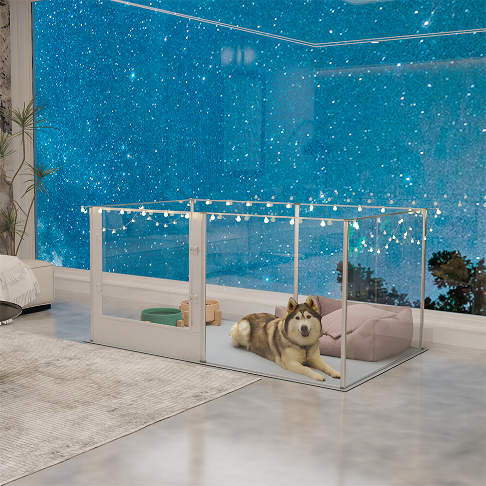 6 Panels Strong Indoor Pet Clear Acrylic Play Pen Whelping Box w/ Waterproof Pad