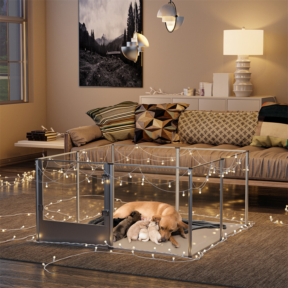 Strong Pet Playpen Clear Acrylic Whelping Box Cage Kennel w/ Pad Dog Cat Rabbit