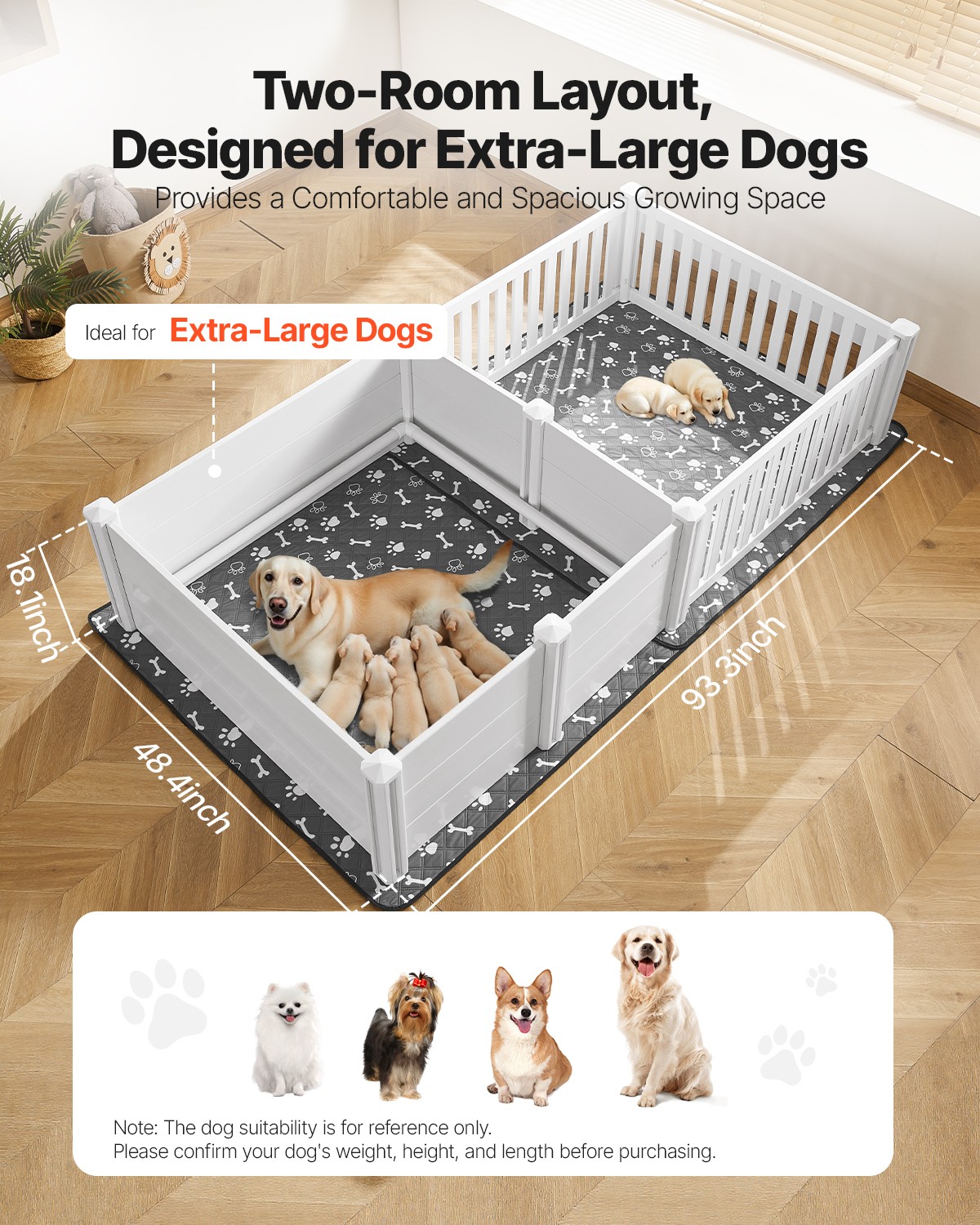 VEVOR Dog Whelping Box 93.3×48.4×18.1 in Height Adjustable for Extra Large Dogs