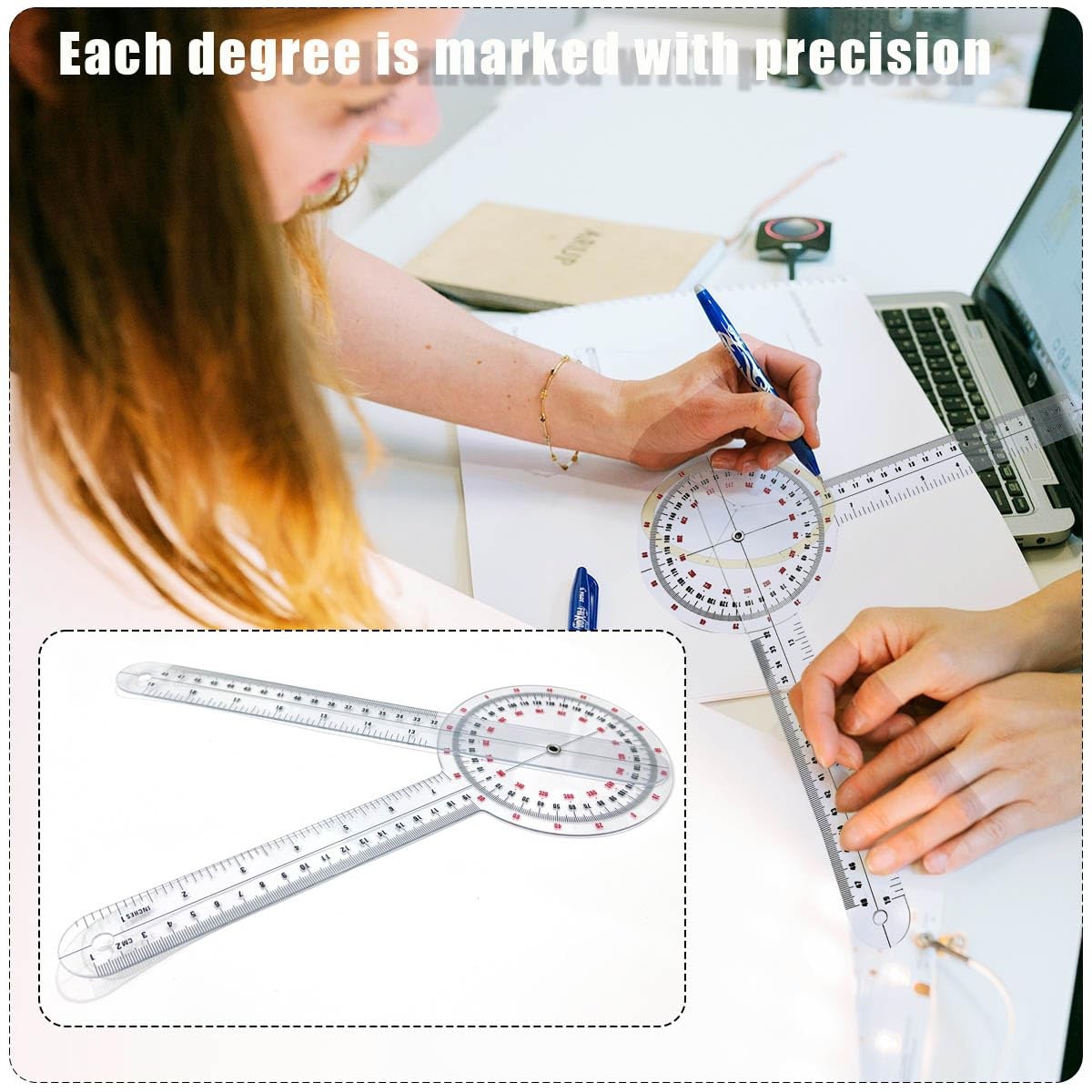Goniometer 12 inch, Transparent Orthopedic Angle Ruler Plastic Goniometer, 360