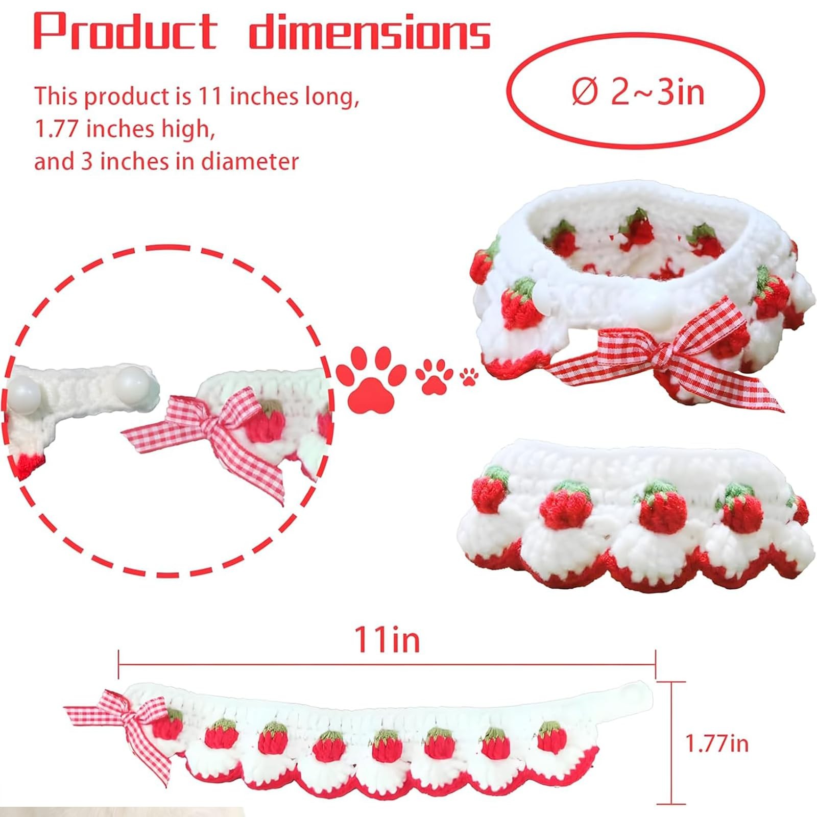 Cat Collar Breakaway Kitten Cute Bow Tie Strawberry White Fits 23 Inches
