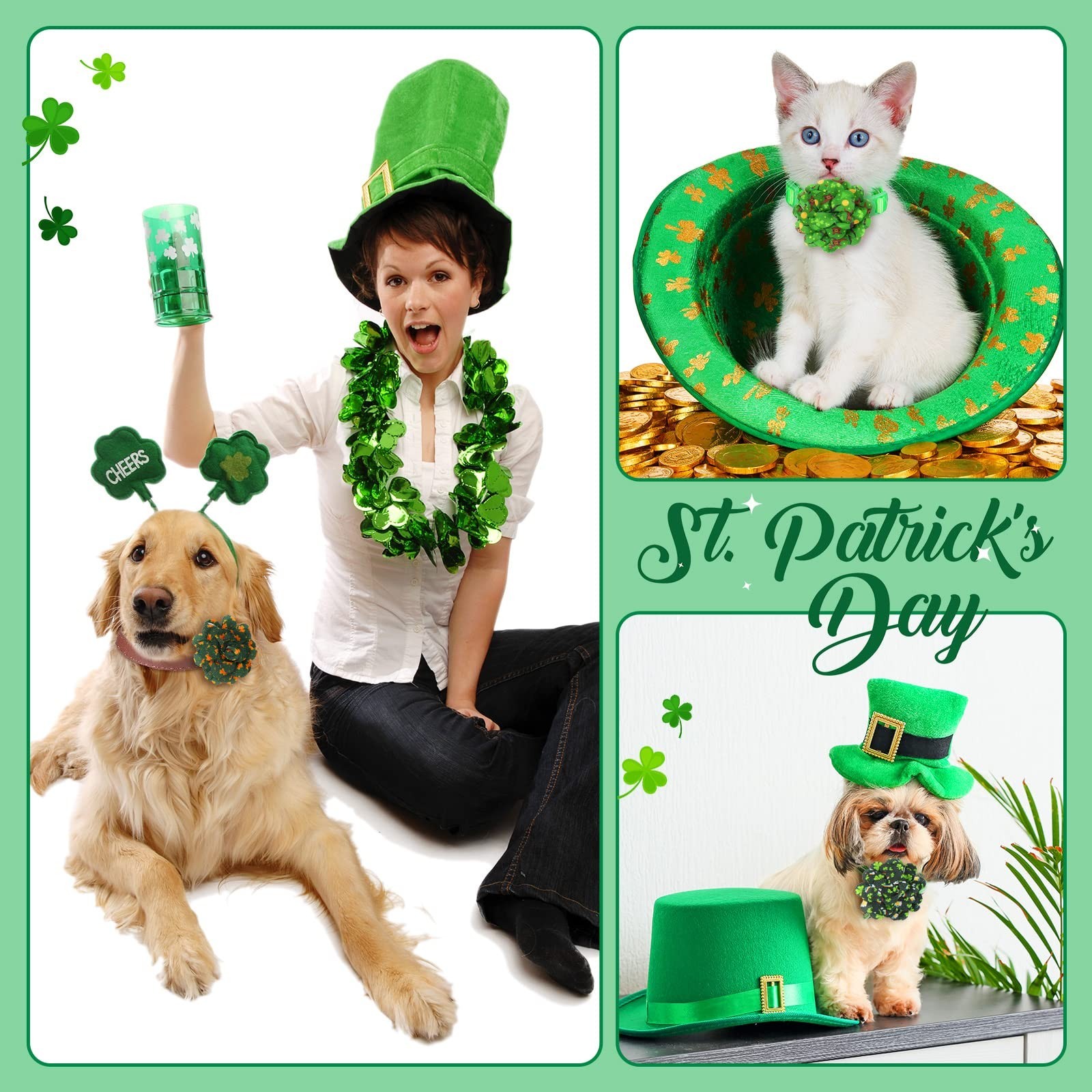 Sanwuta 80 Pieces St. Patricks Day Dog Collar Flowers Bulk Shamrock Dog Charm…