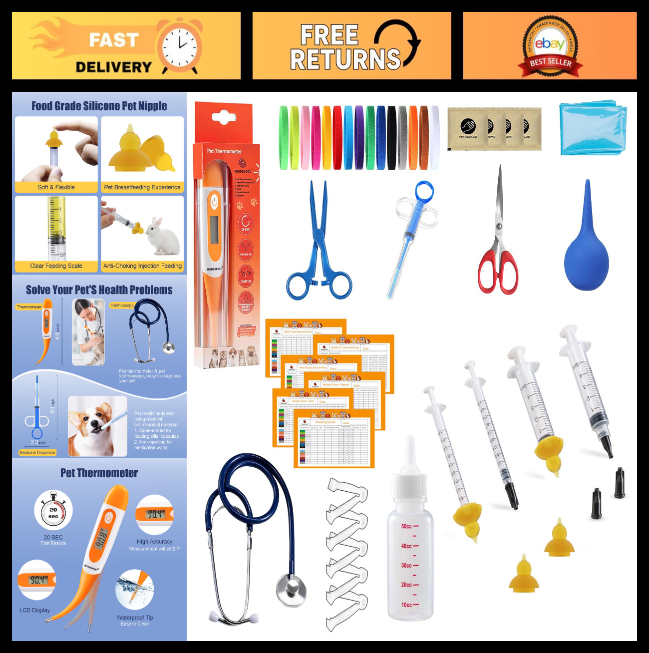 Complete Puppy & Kitten Whelping Kit – Feeding Bottle, Stethoscope, Scissors & M