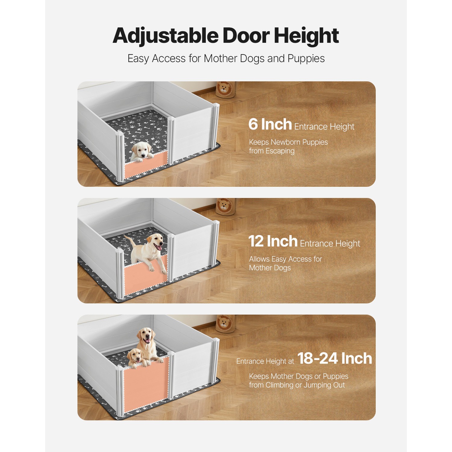 Dog Whelping Box 60x60x24 inch with Height Adjustable Door for Extra Large Dogs