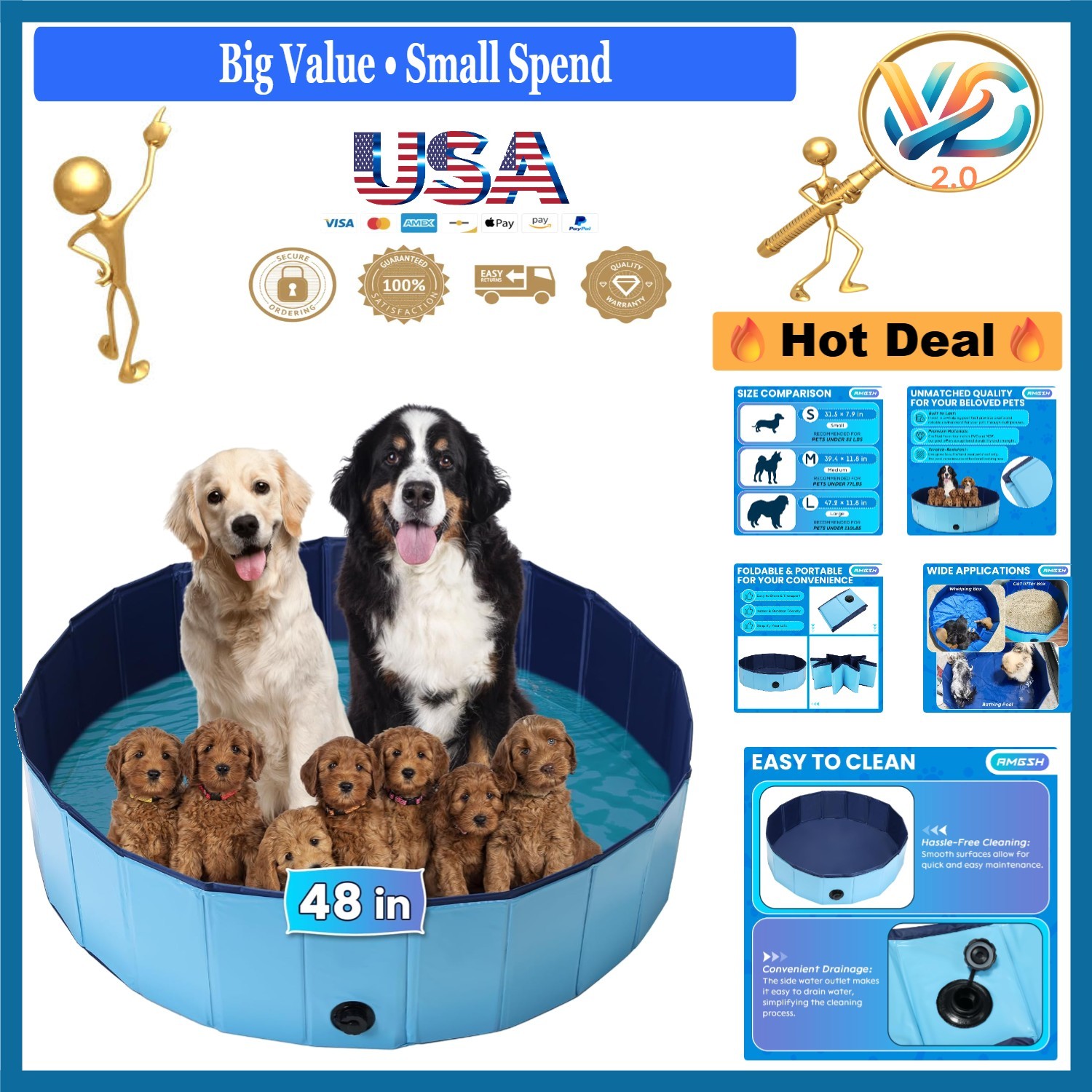 Large Dog Whelping Box 47.2Inch Foldable PVC Pool for Puppies Bath Tub