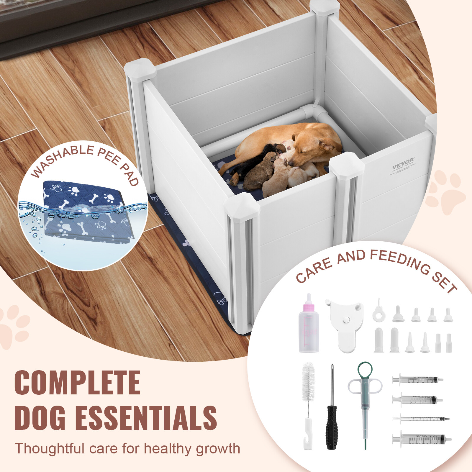 VEVOR Dog Whelping Box 28.3×28.3×18.1in PVC with Rails Pee Pad for Dogs Puppies