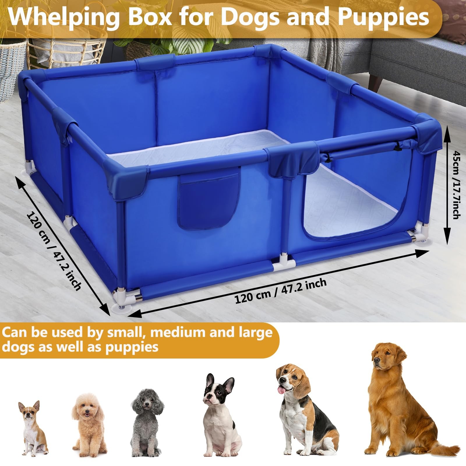 Whelping Box for Dogs and Puppies, 47.2×47.2×17.7in Playpen, Puppy Blue