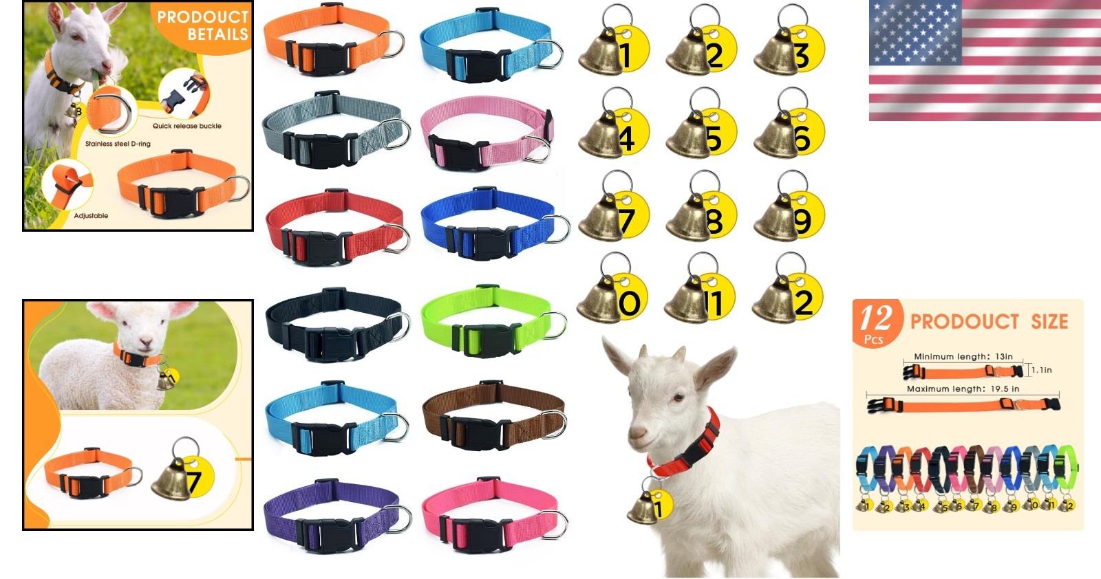 12 Pack Goat Collars with Bells, Adjustable Nylon Sheep Collar with Anti-Lost