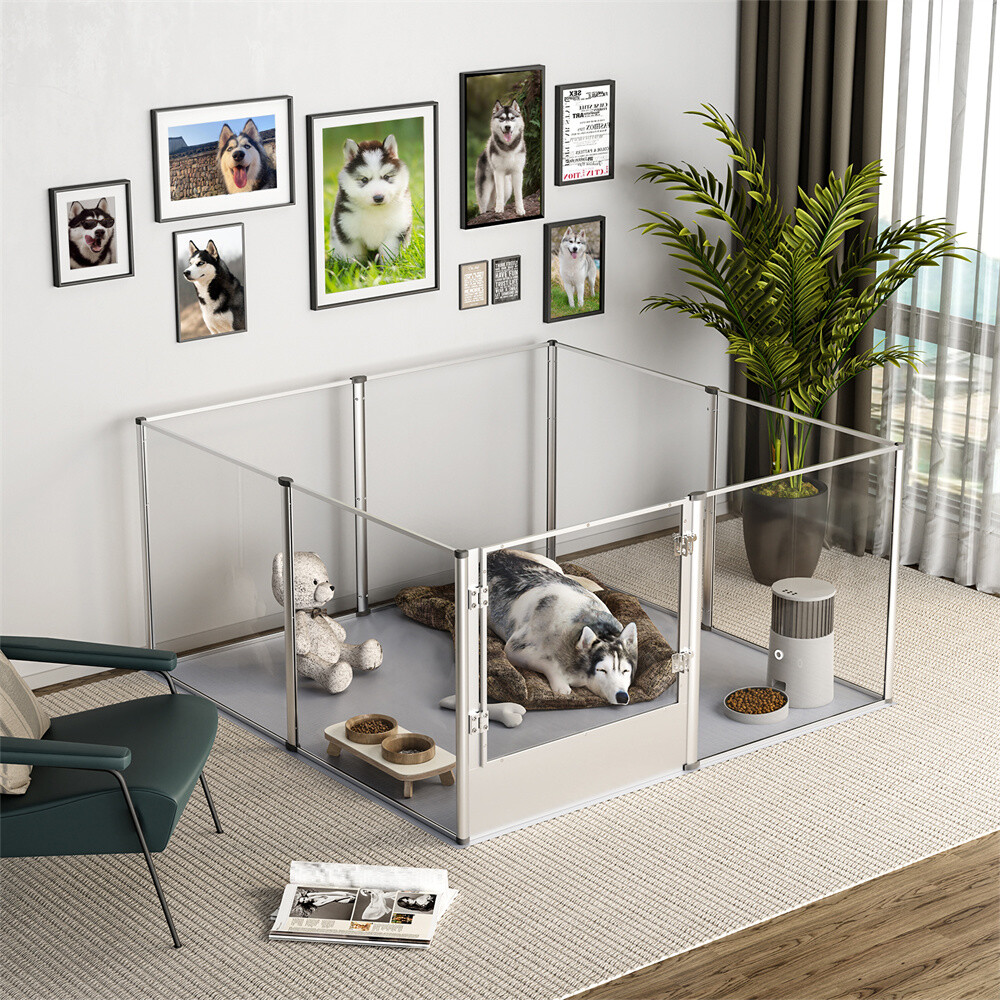 Shatterproof Foldable In/Outdoor Dog Playpen w/ Transparent Panels Aluminum Rods