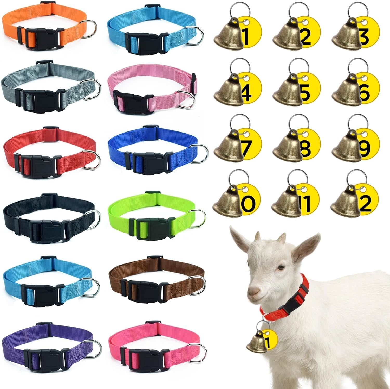 12 Pack Goat Collars with Bells, Adjustable Nylon Sheep Collar with Anti-Lost