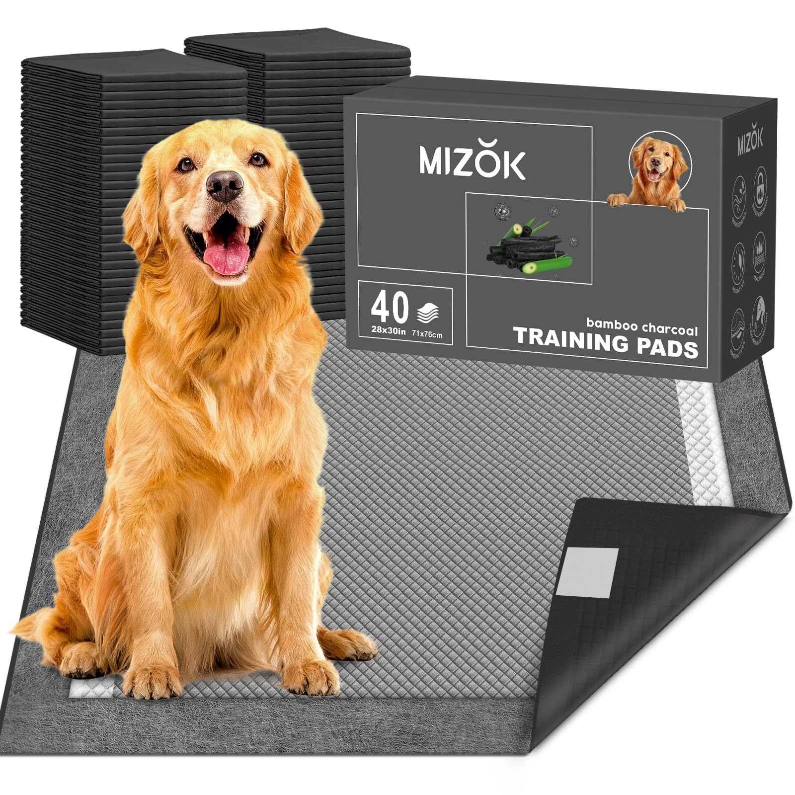 MIZOK Pee Pads for Dogs Charcoal, 28x30in Large Wee Wee Pads for Dogs, Superi…