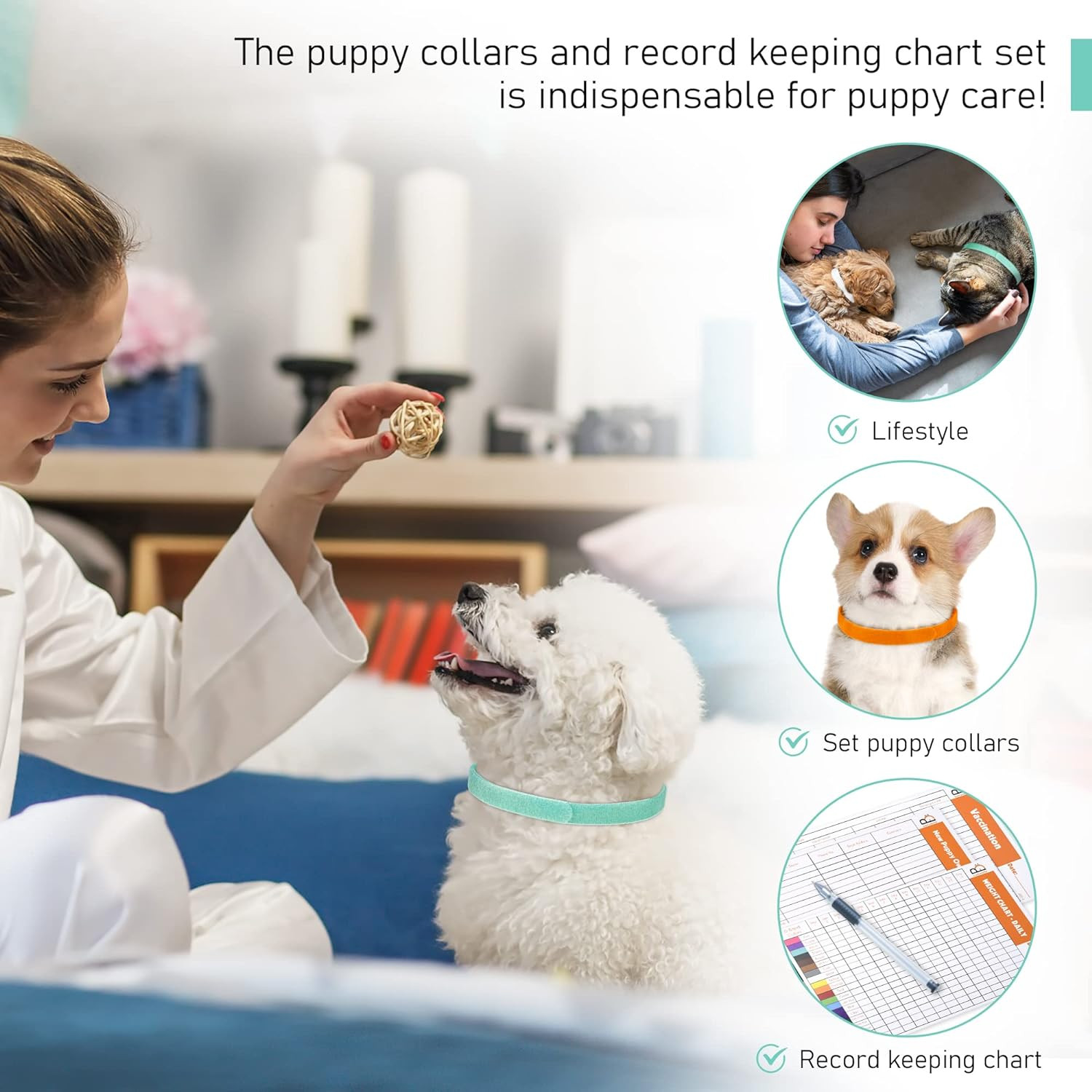 Newborn Puppy Collars, Record Keeping Charts, Super Soft Nylon Whelping Puppy Co
