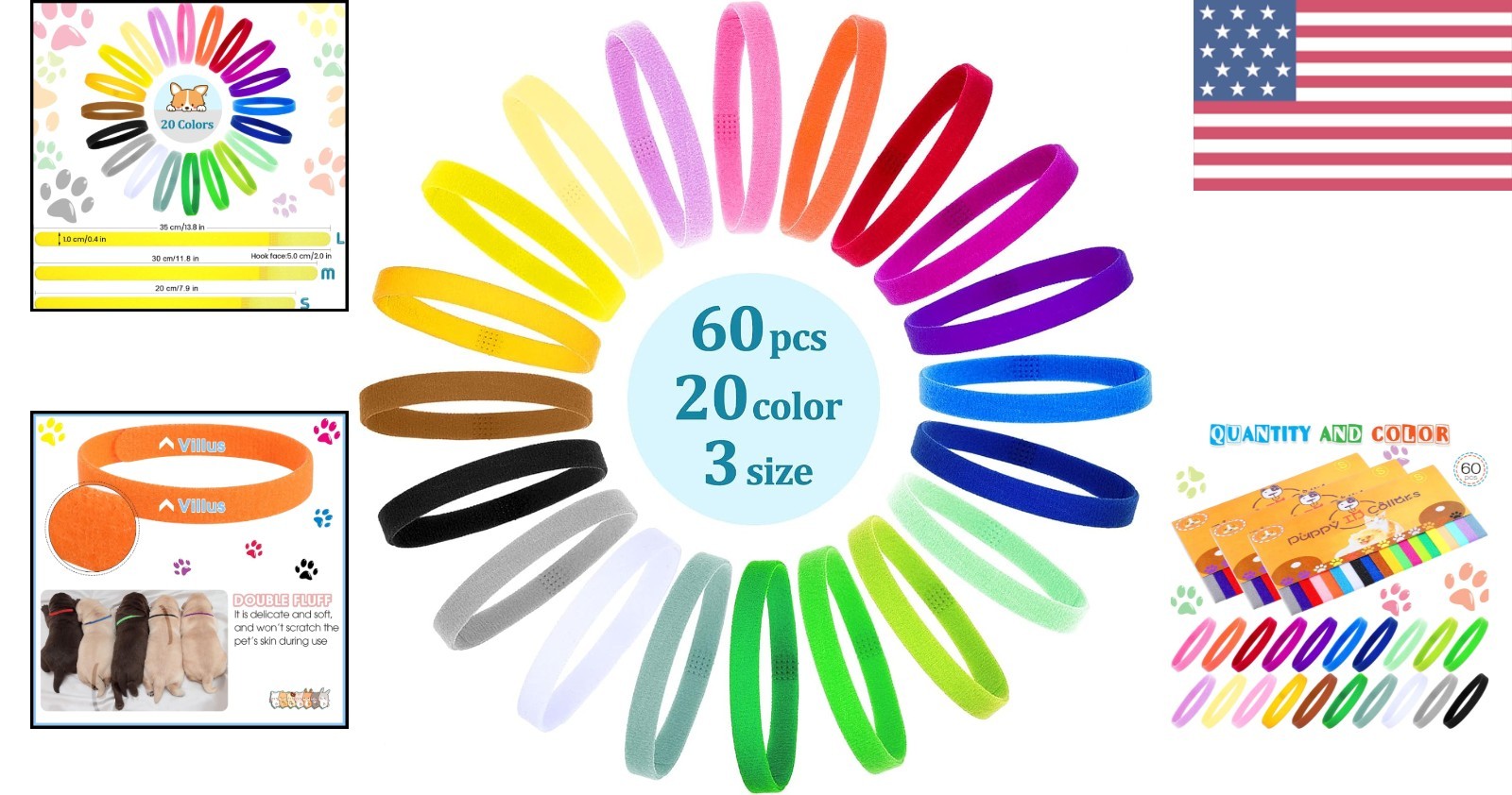 Soft Polyester Puppy Whelping Collars – 60 Multi-Size ID Bands for Dogs & Cats