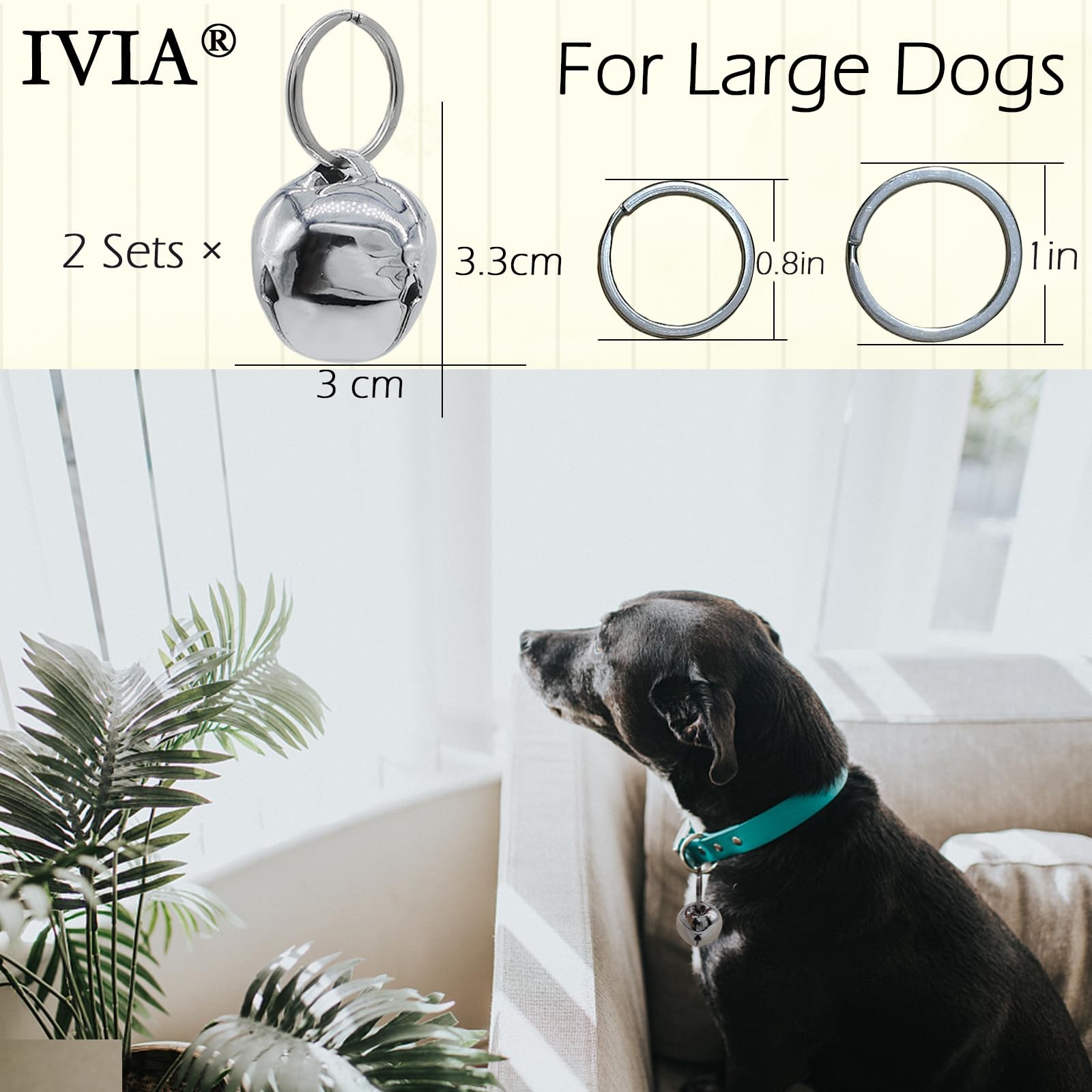 IVIA PET Large Dog Bells, Collar Loud Pet Tracker 30mm x 33mm, Silver
