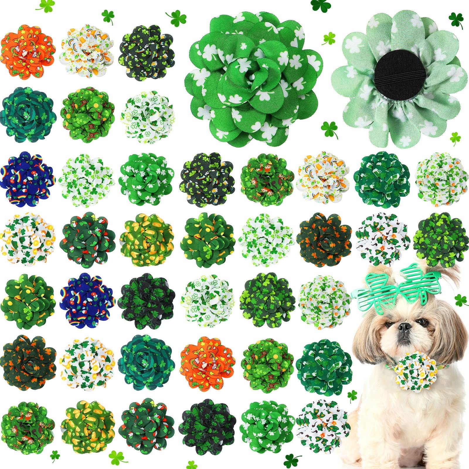 Sanwuta 80 Pieces St. Patricks Day Dog Collar Flowers Bulk Shamrock Dog Charm…