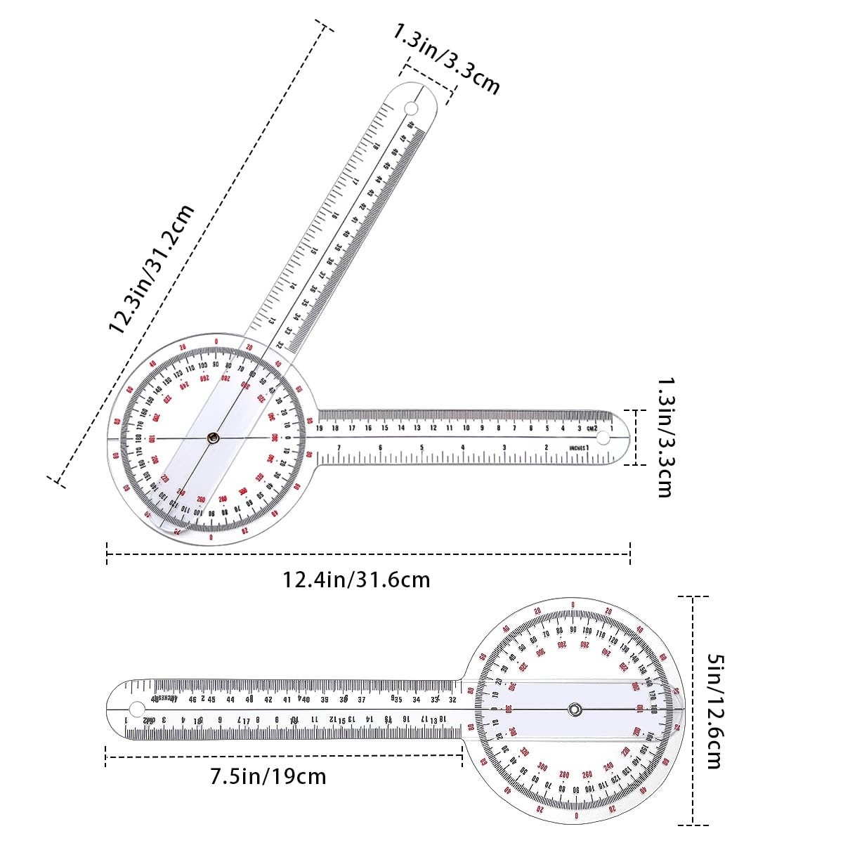 Goniometer 12 inch, Transparent Orthopedic Angle Ruler Plastic Goniometer, 360 D