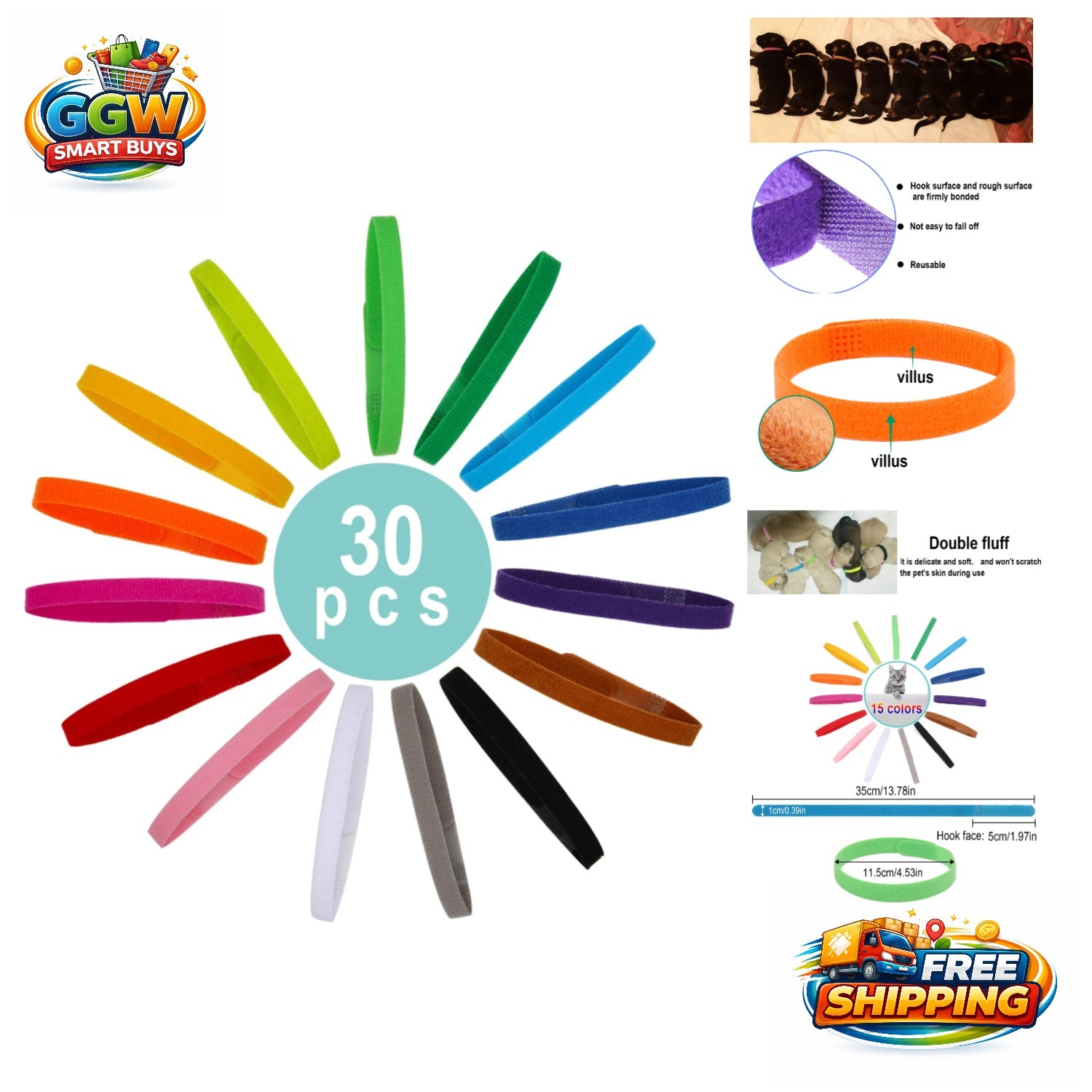 30 Soft Double-Sided Puppy Whelping Collars – Colorful ID Bands for Litter