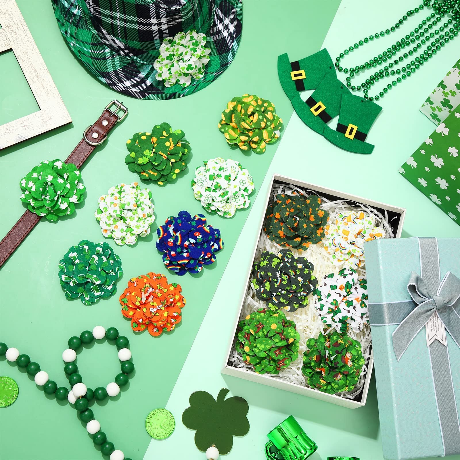 Sanwuta 80 Pieces St. Patricks Day Dog Collar Flowers Bulk Shamrock Dog Charm…