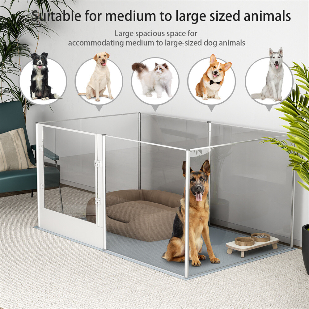6 Panels Strong Indoor Pet Clear Acrylic Play Pen Whelping Box w/ Waterproof Pad
