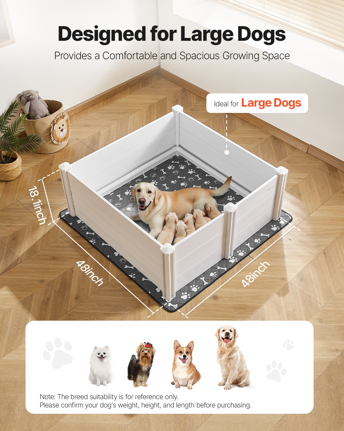 VEVOR Dog Whelping Box 48 x 48 x 18.1 in Height Adjustable Door for Large Dogs