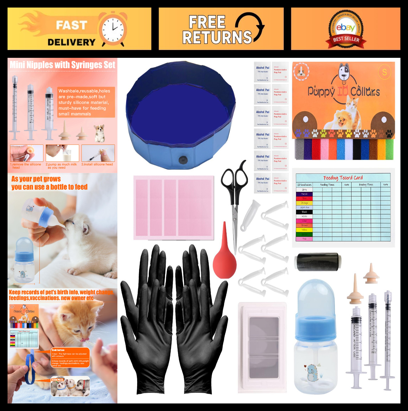 Whelping Kit for Puppies & Kittens – Birthing Supplies, Feeding Set, Collars, Bo