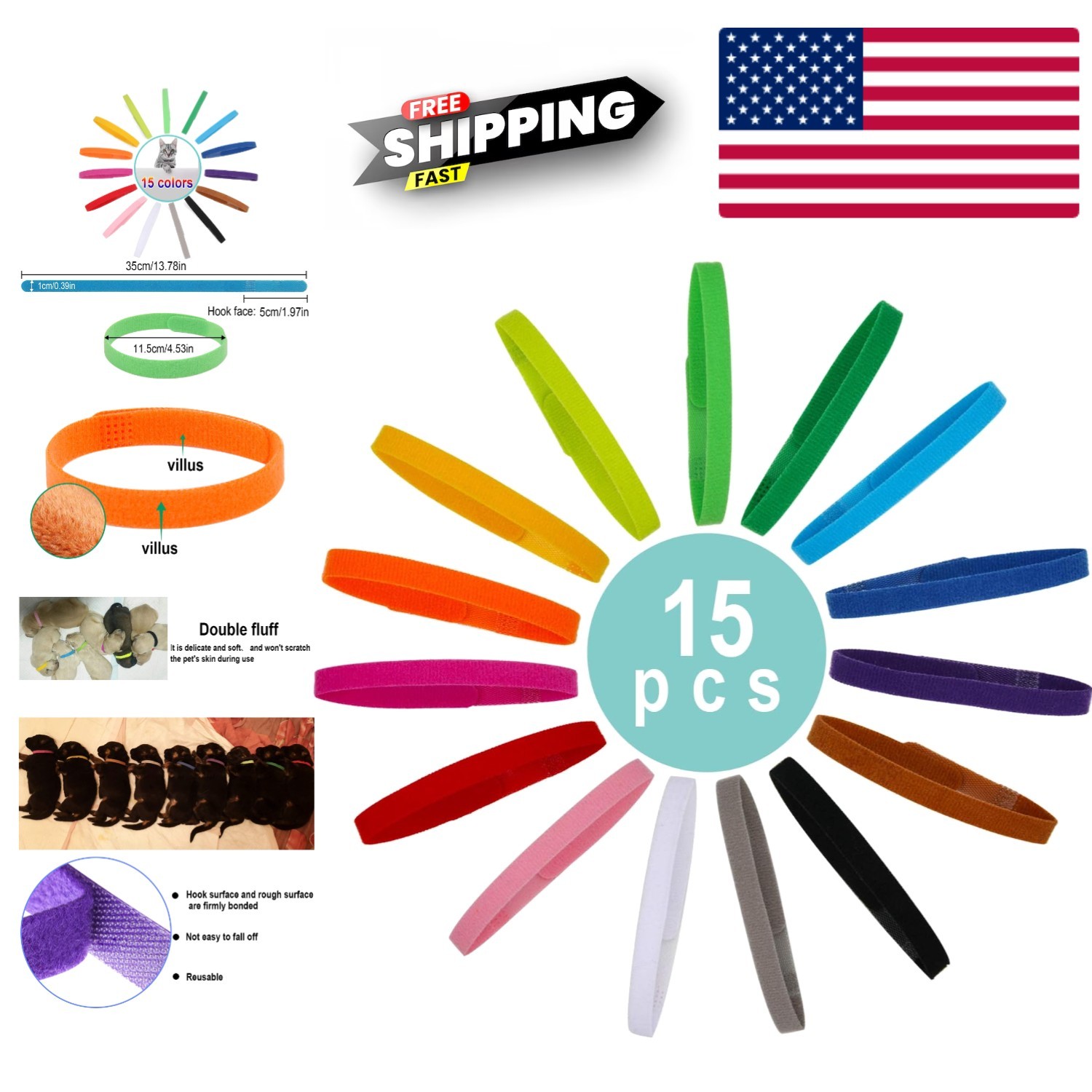 Adjustable Puppy ID Bands with Double-Sided Fluff for Newborn Pets in 15 Colors