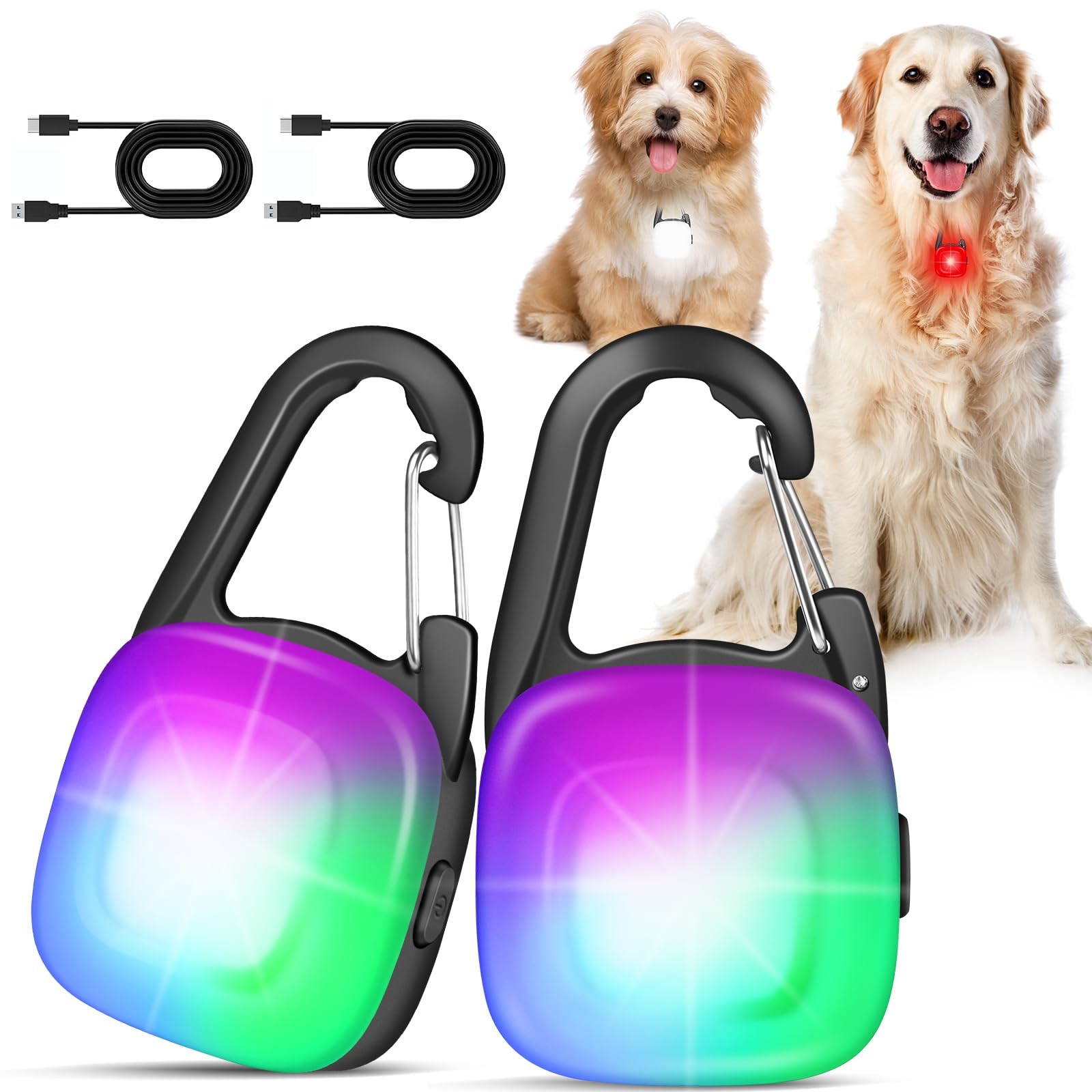 Dog Lights for Night Walking,2 Pack LED Rechargeable Safety White Red RGB