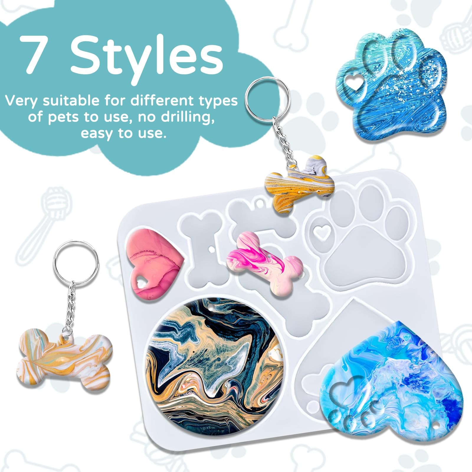 Pet Tag Resin Mold, Collar Tags Dog Bone Paw Round Shaped Keychain White