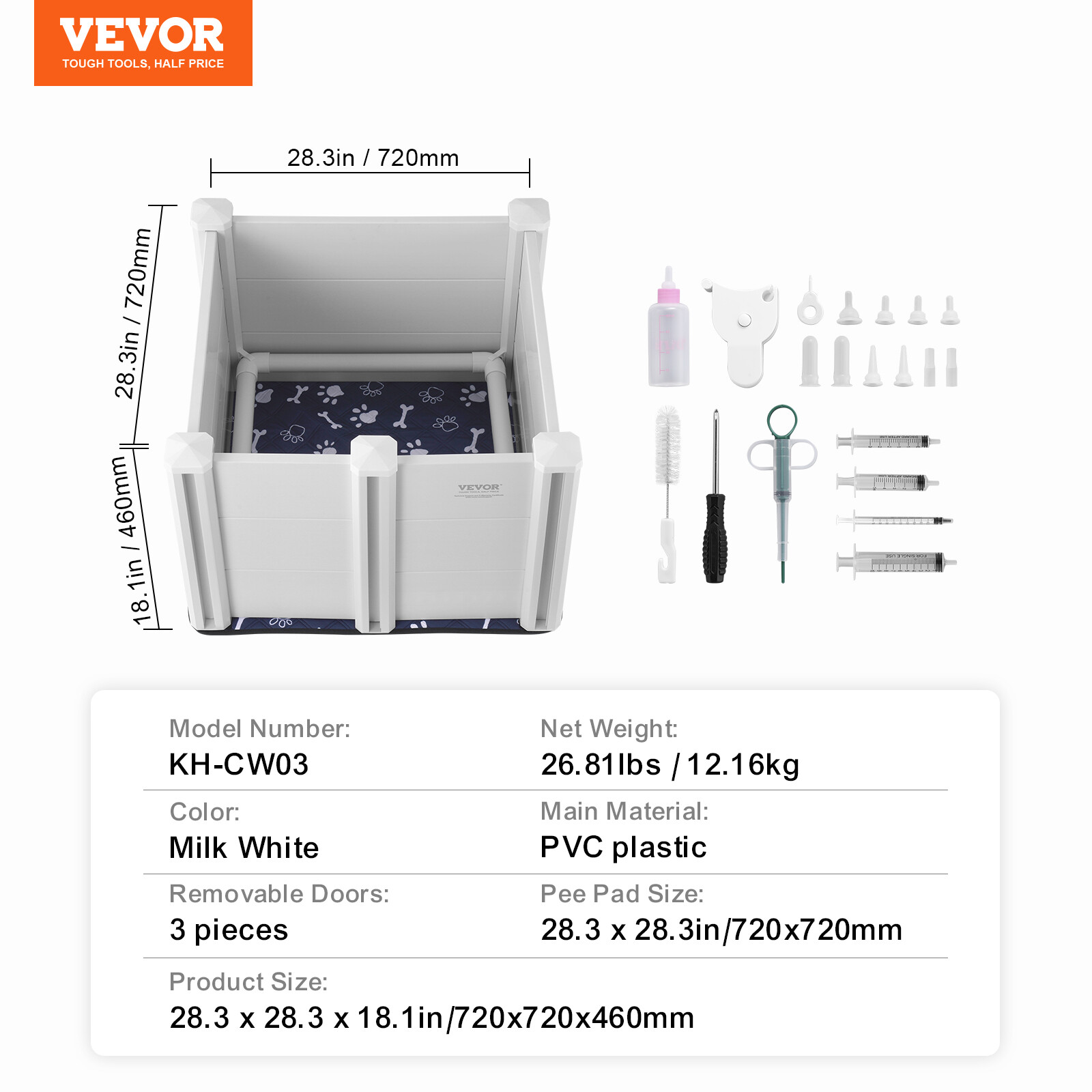 VEVOR Dog Whelping Box 28.3×28.3×18.1in PVC with Rails Pee Pad for Dogs Puppies
